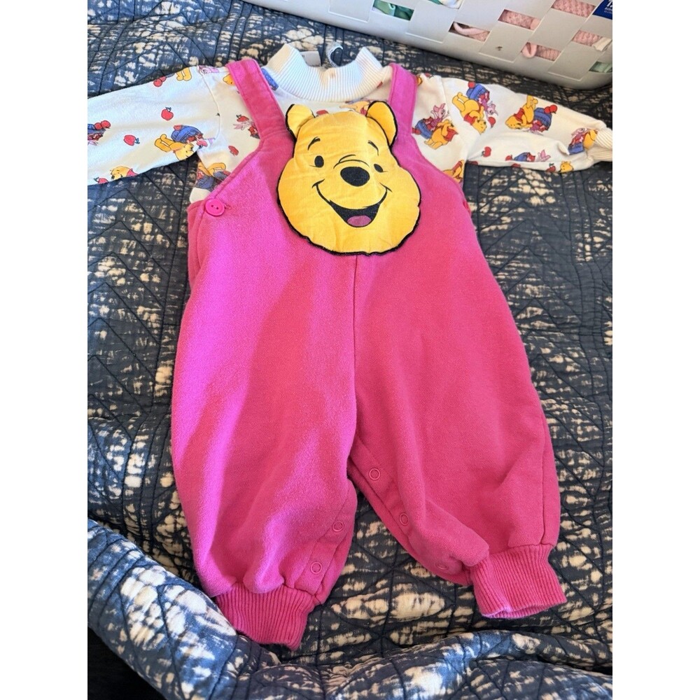 Rare! Vintage Disney Winnie the Pooh Pink Fleece Overalls Jumpsuit Girl Baby 18M